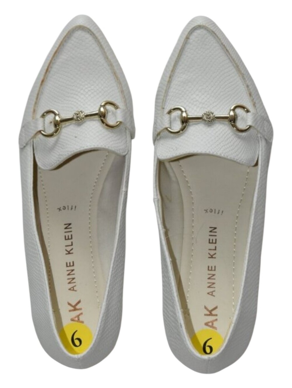 NIB Anne Klein White Pointed Toe Loafers with Gold Horsebit
